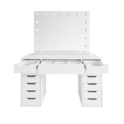 Jenna Hollywood LED Mirror Dressing Table in White featuring a large mirror framed by LED bulbs, spacious tabletop, with open shallow and side drawers showcasing organized storage.