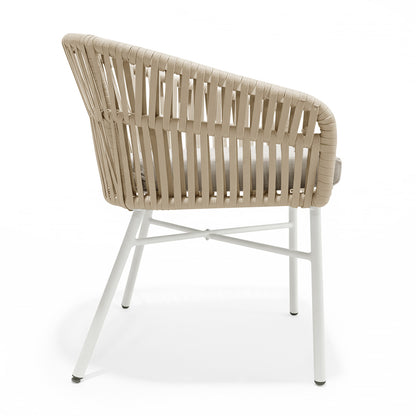Marula Rope Outdoor Dining Chairs in White Set of 4: features a tubular metal frame with woven tan straps and matching cushions, blending modern style with outdoor functionality.