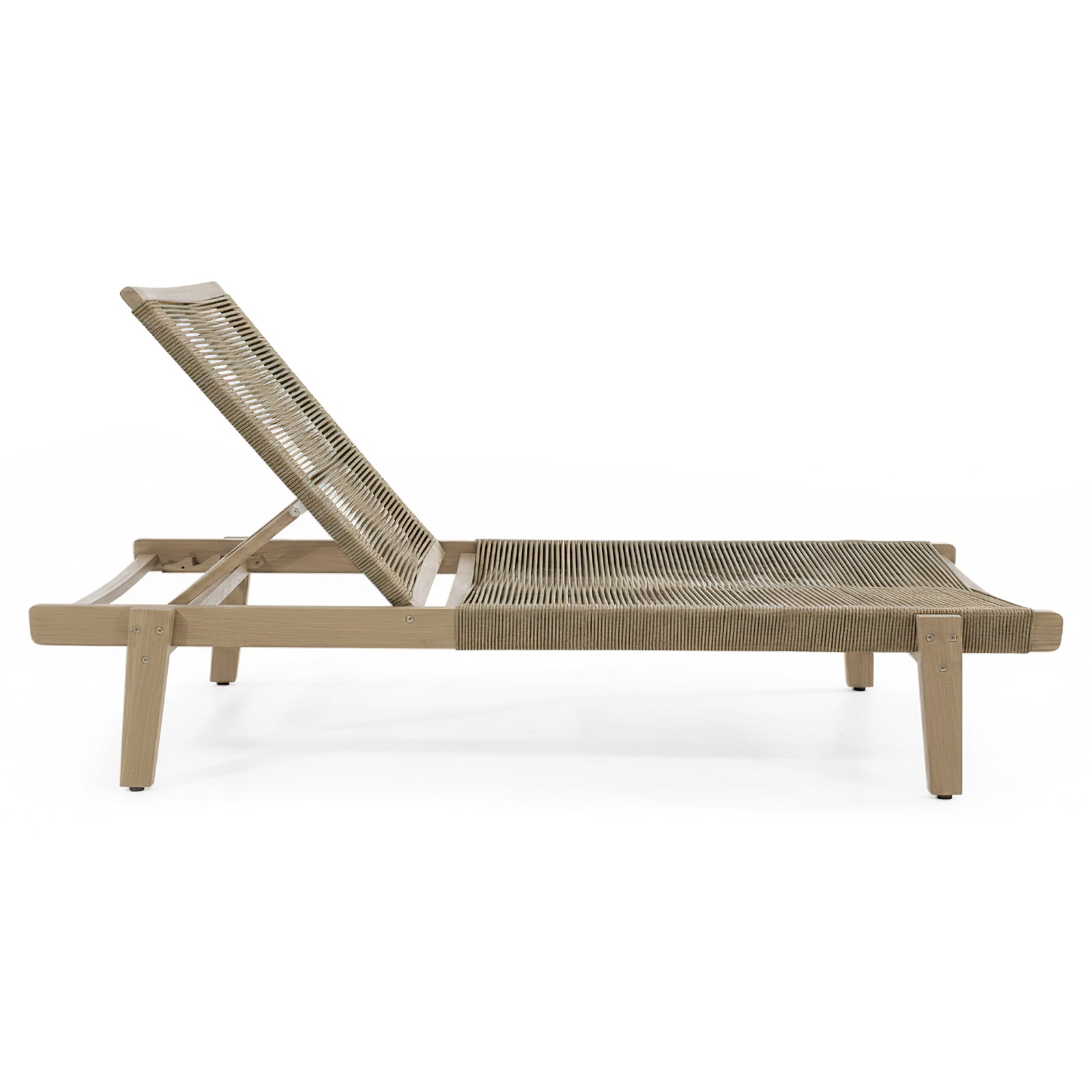 Aureli Hardwood Acacia Reclining Sun Lounger with a wooden frame and woven rattan seat, featuring an adjustable backrest for versatile outdoor relaxation and stylish comfort in any setting.