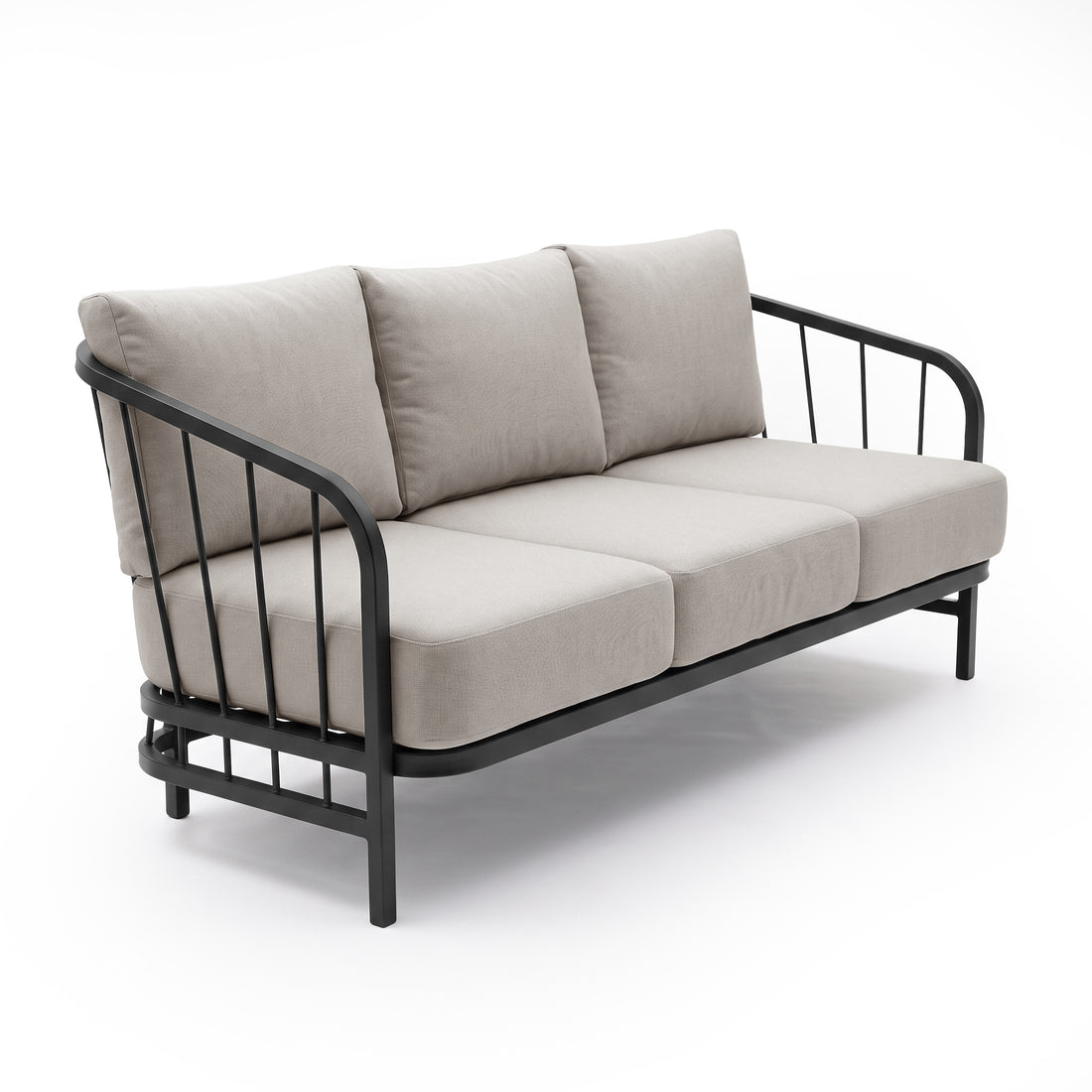Modern three-seater sofa with metal frame on a white background