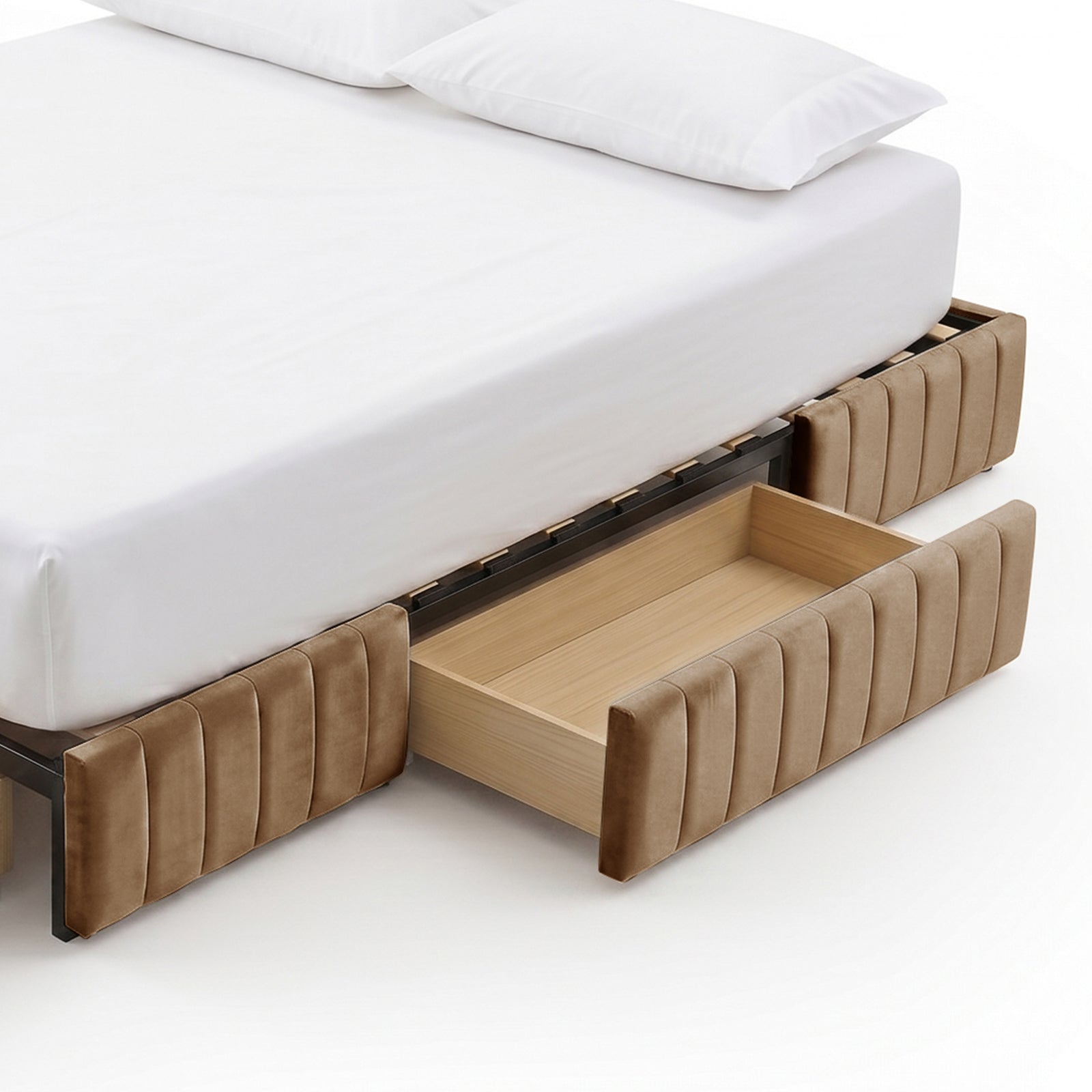 Partial view of beige upholstered bed frame with pull-out wooden storage drawer extended on white background
