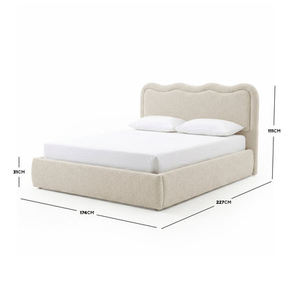 Upholstered bed displaying dimensions on white background