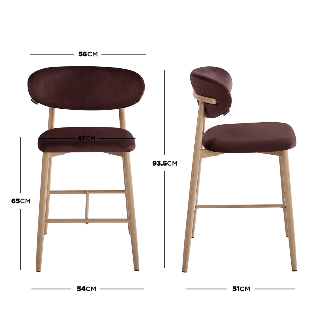 Audrey Fabric Upholstered Barstool Set of 2 in Dark Plum, featuring modern wooden legs, dark brown padded curved backrest, upholstered seat, and key dimensions overlaid in front and side views.