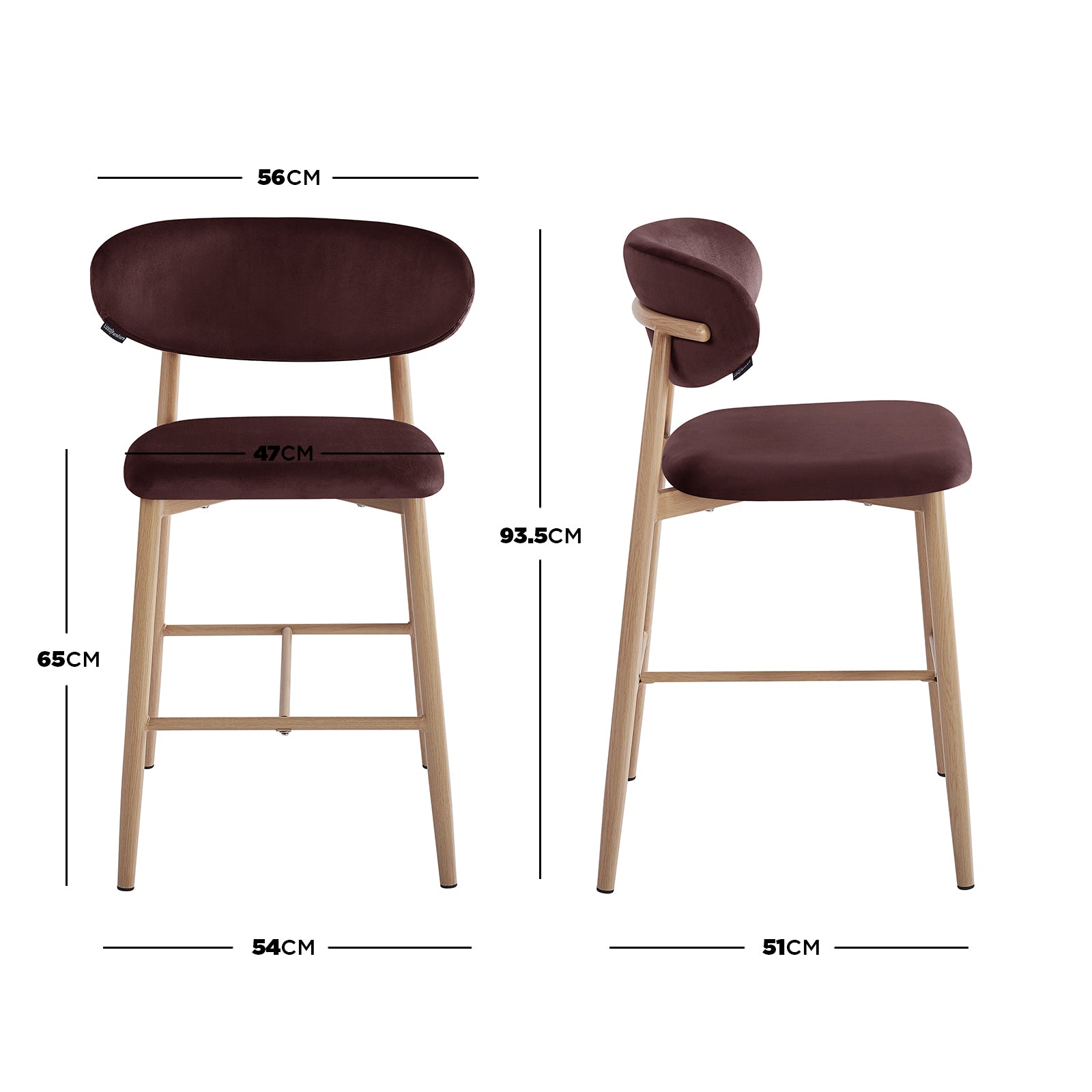 Audrey Fabric Upholstered Barstool Set of 2 in Dark Plum, featuring modern wooden legs, dark brown padded curved backrest, upholstered seat, and key dimensions overlaid in front and side views.