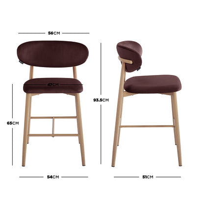 Audrey Fabric Upholstered Barstool Set of 2 in Dark Plum, featuring modern wooden legs, dark brown padded curved backrest, upholstered seat, and key dimensions overlaid in front and side views.