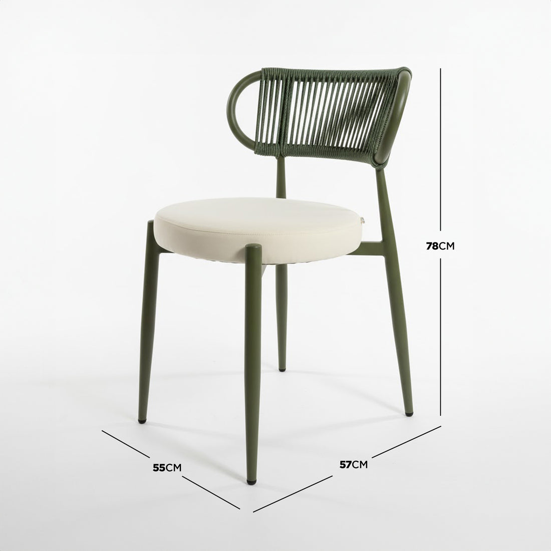 Cabria 7 Piece Sintered Stone Outdoor Dining Set: features a modern chair with an olive-green metal frame, off-white padded seat, and woven green cord backrest, designed for comfort and durability.