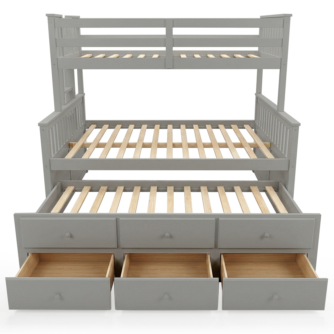 Grey wooden bunk bed with twin over full and three open storage drawers on white background