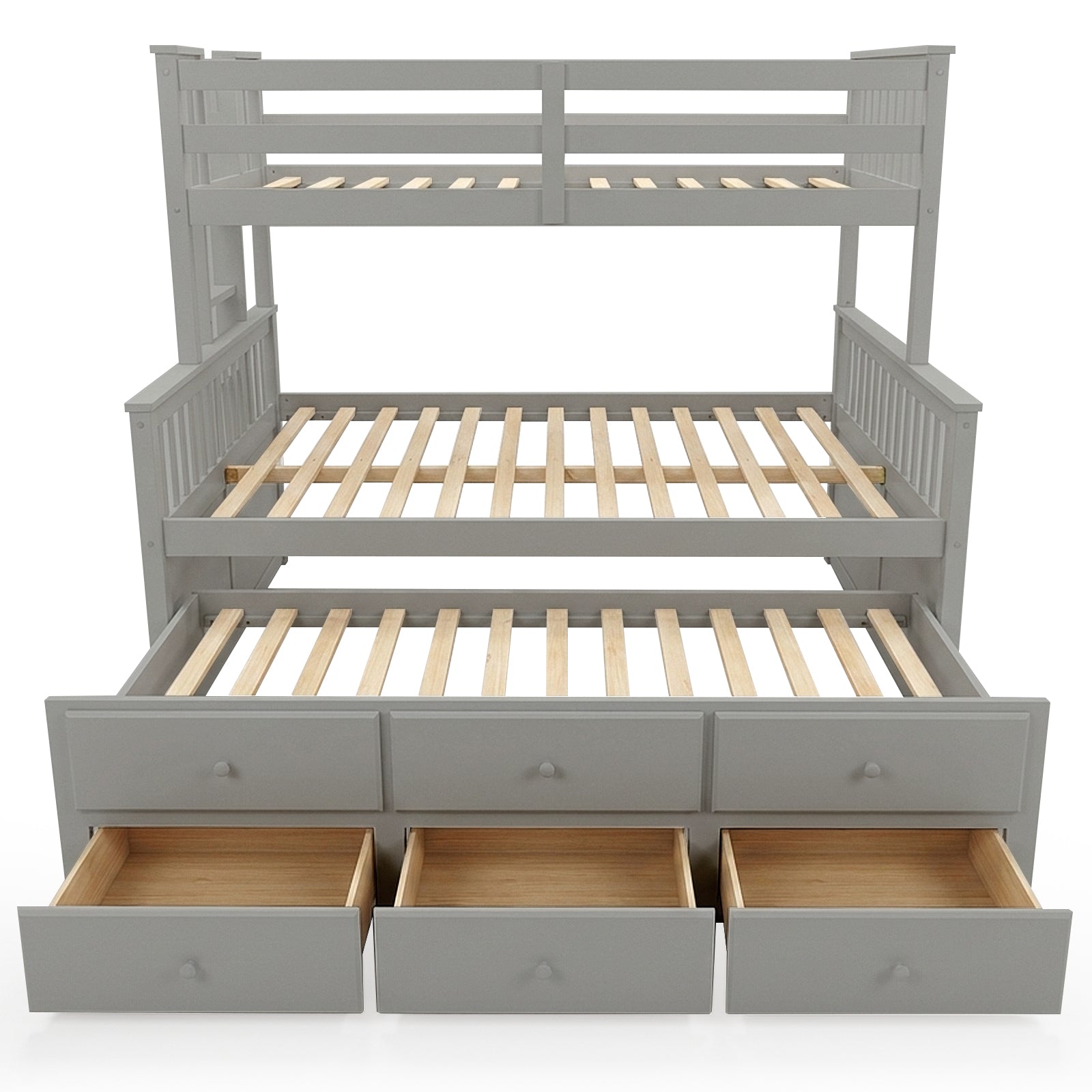 Grey wooden bunk bed with twin over full and three open storage drawers on white background