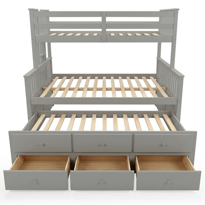 Grey wooden bunk bed with twin over full and three open storage drawers on white background