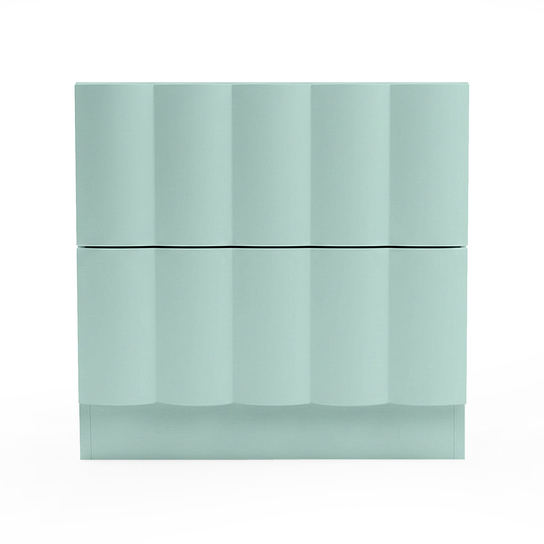 Mint green chest of drawers with wavy geometric front on white background
