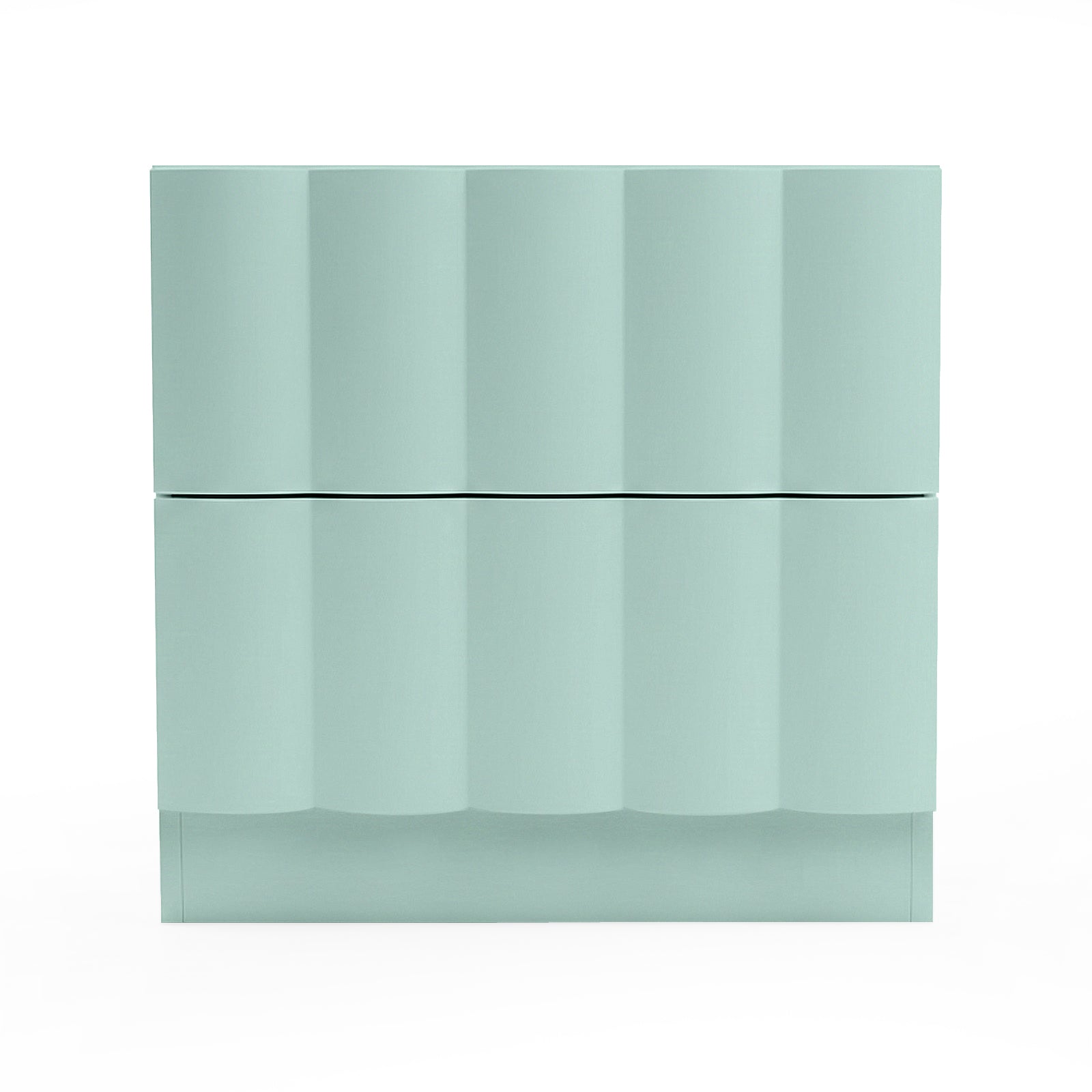 Mint green chest of drawers with wavy geometric front on white background