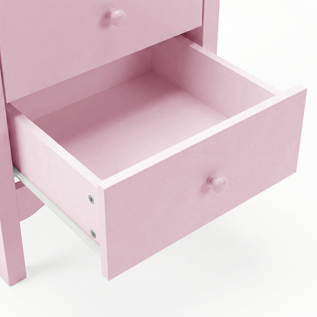 Close-up of open drawer of pink nightstand on white background