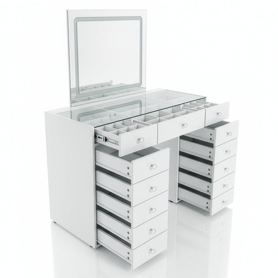 White organizing vanity with open drawers and hinged mirror on white background