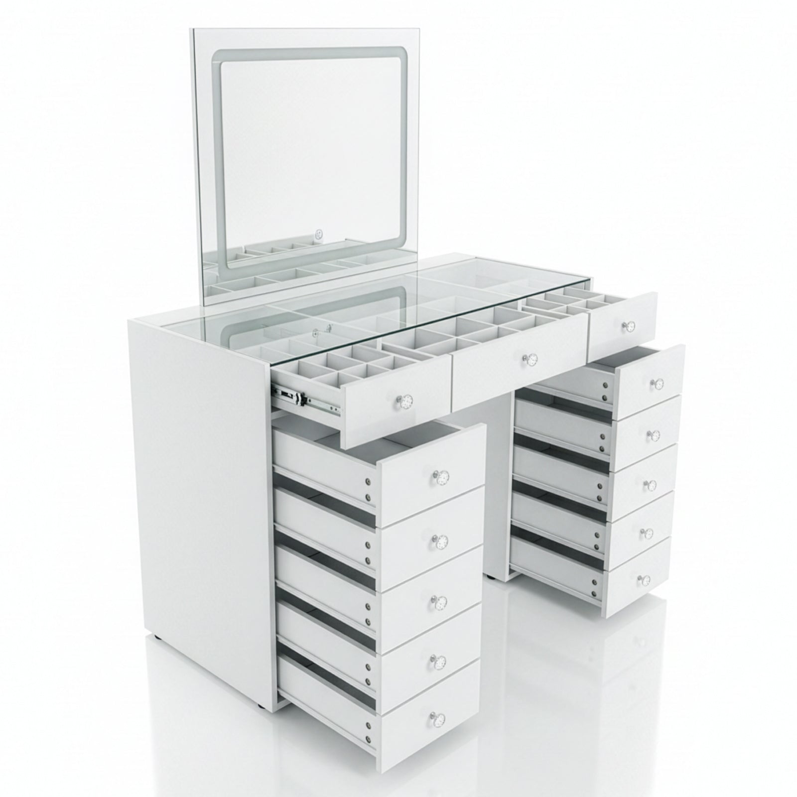 White organizing vanity with open drawers and hinged mirror on white background