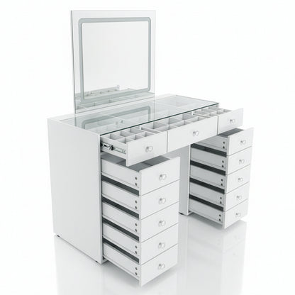 White organizing vanity with open drawers and hinged mirror on white background