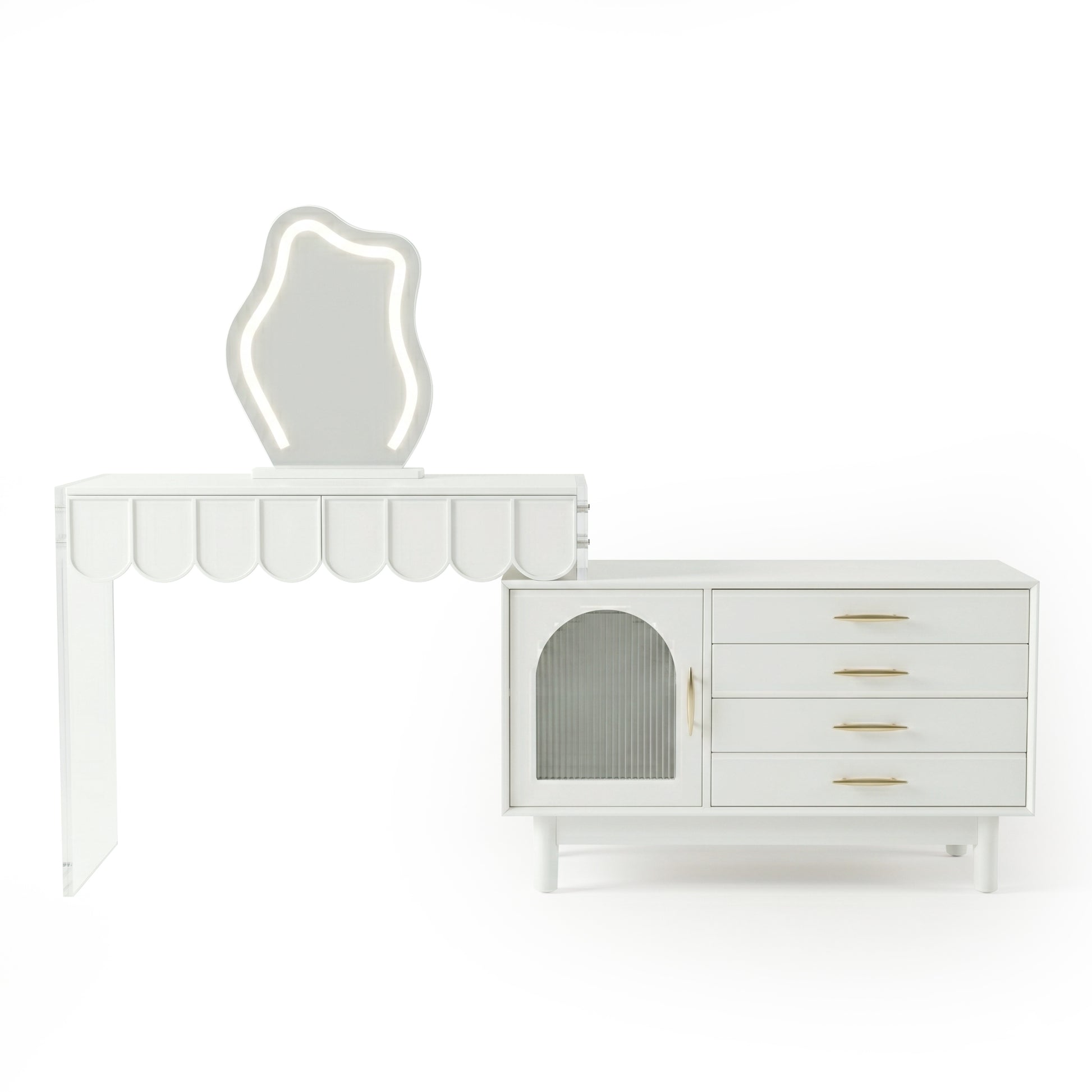 White background shot of the full vanity set including scalloped-edge table, illuminated asymmetrical mirror, and storage cabinet with gold handles