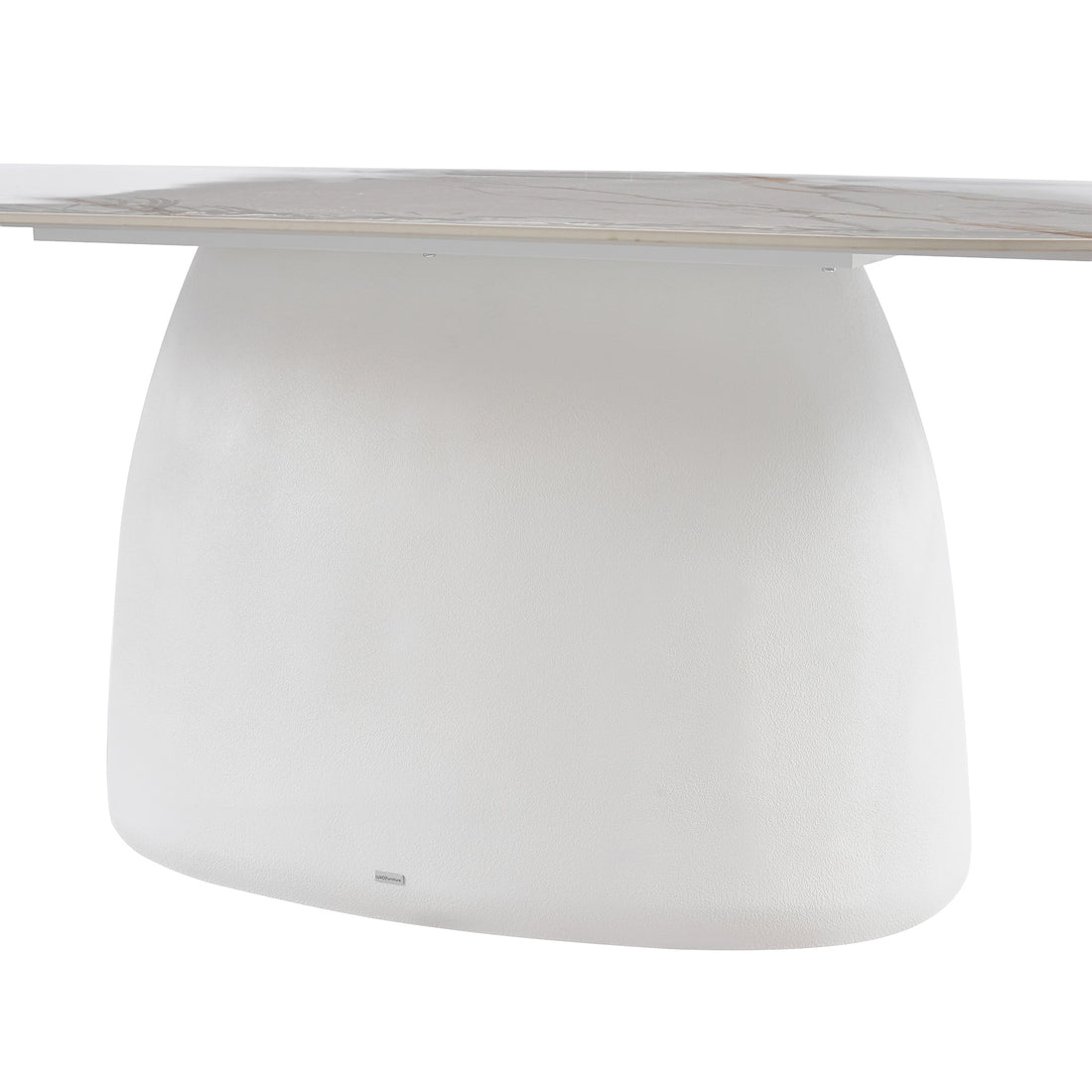 Close-up of the base and edge of a modern white table on a white background