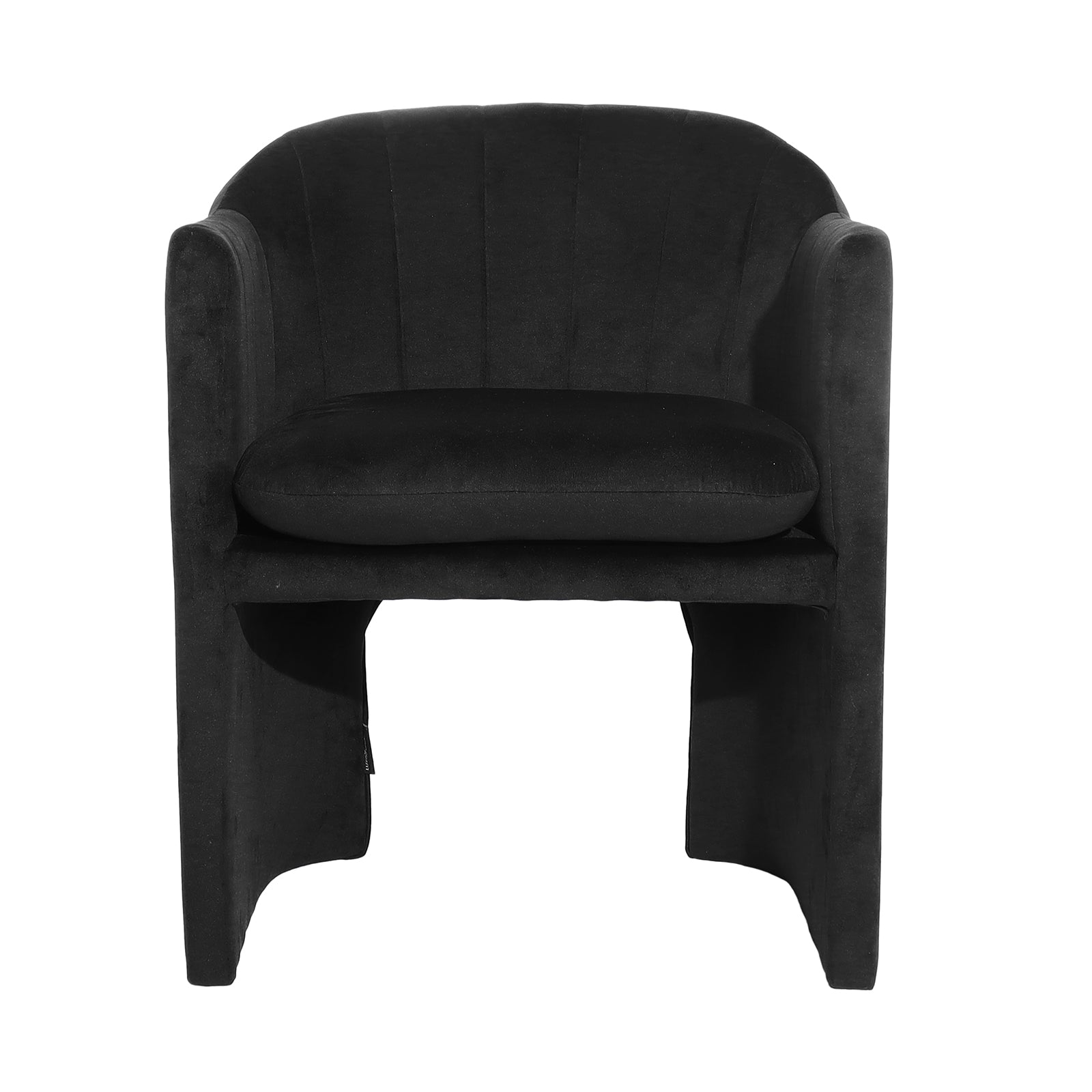 Liora Velvet Curved Accent Armchair in Black, featuring a modern design with a curved backrest, integrated arm supports, removable seat cushion, and a skirted base, showcasing plush velvet texture.