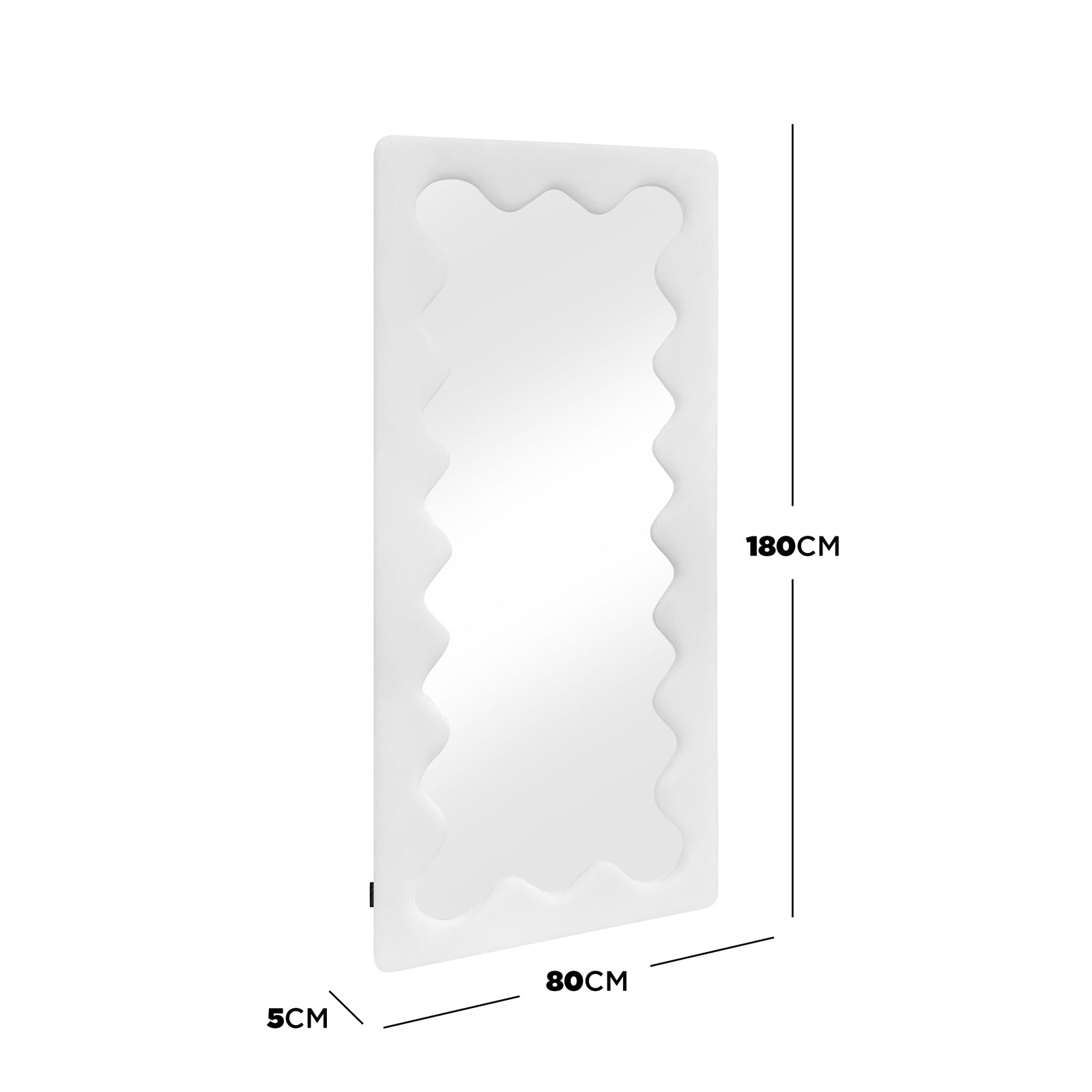 Serena 180cm Full Length Mirror in Cream White features a wavy white frame, 180cm height, and 80cm width. Its slim 5cm depth suits bedrooms, enhancing light and space elegantly.