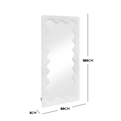Serena 180cm Full Length Mirror in Cream White features a wavy white frame, 180cm height, and 80cm width. Its slim 5cm depth suits bedrooms, enhancing light and space elegantly.