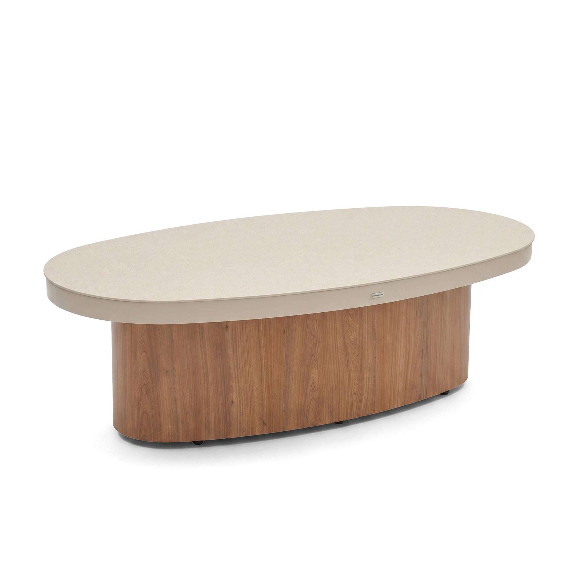 Oval coffee table with light top and wooden base on a white background.