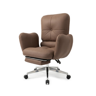 Brown office or lounge chair with plush padding, armrests, leg rest, and chrome rolling base on a white background