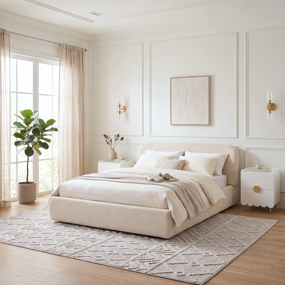Modern upholstered bed in a styled bedroom with side tables, rug, and natural light