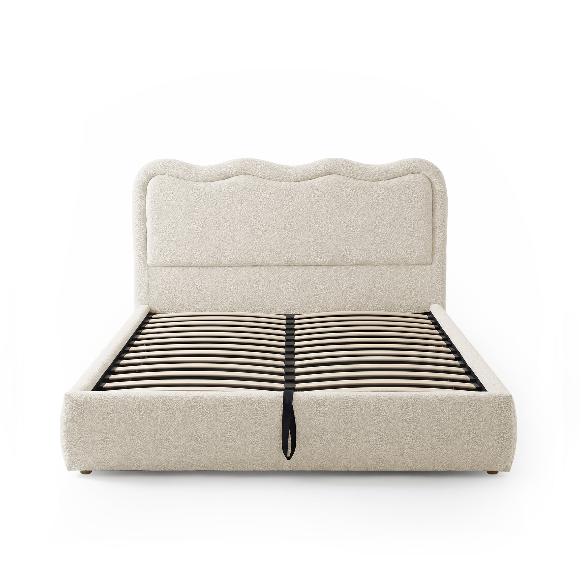 Upholstered bed frame with visible wooden slats on white background