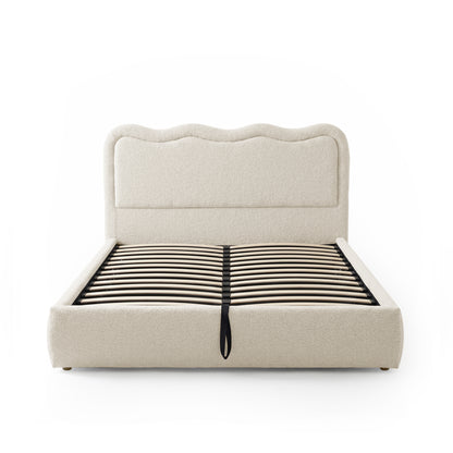 Upholstered bed frame with visible wooden slats on white background