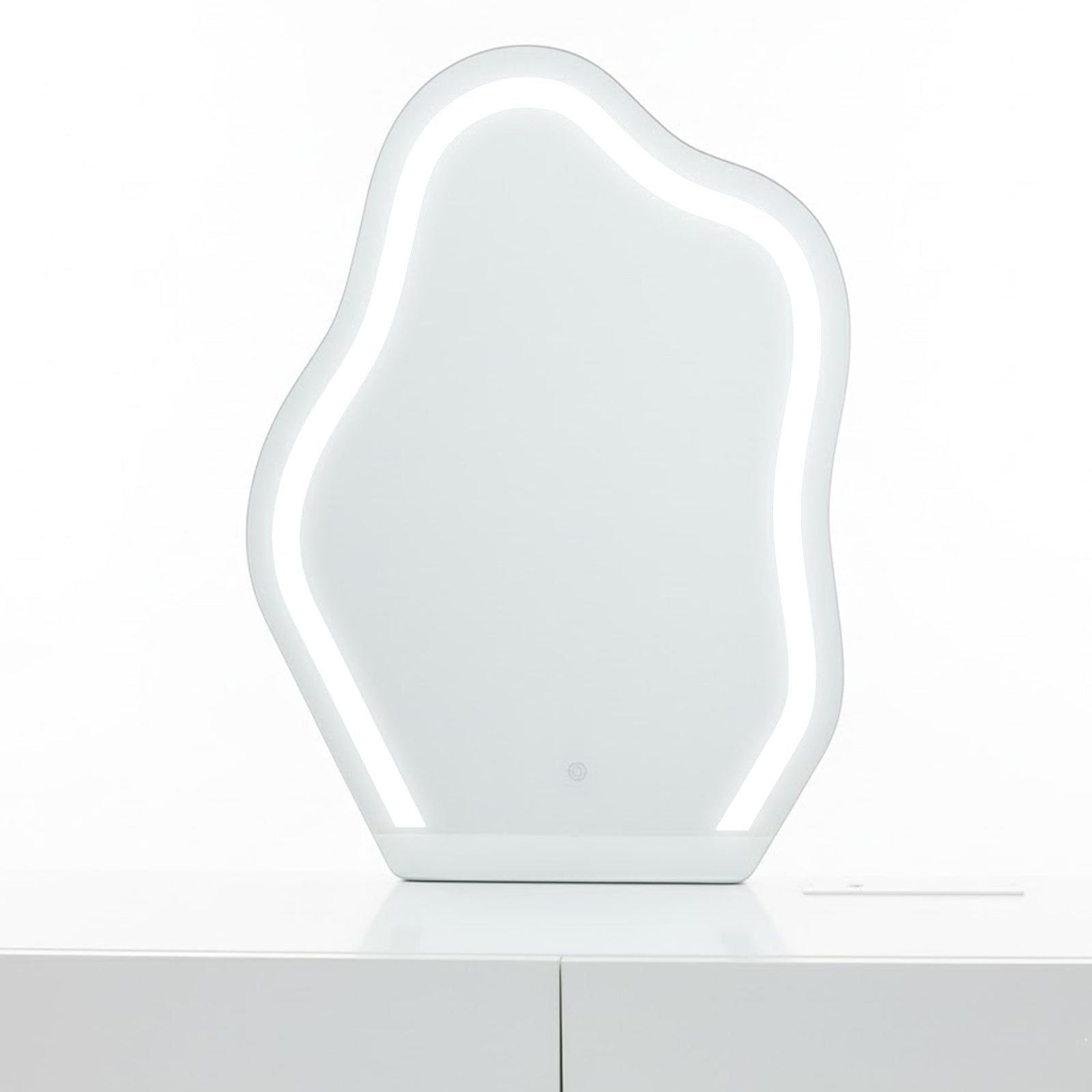 Eloura LED Mirror Dressing Table with Storage in White features an amoeba-shaped LED mirror on a sleek cabinet, showcasing modern elegance and functionality for a luxe makeup routine.