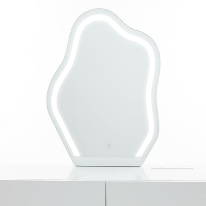 Eloura LED Mirror Dressing Table with Storage in White features an amoeba-shaped LED mirror on a sleek cabinet, showcasing modern elegance and functionality for a luxe makeup routine.