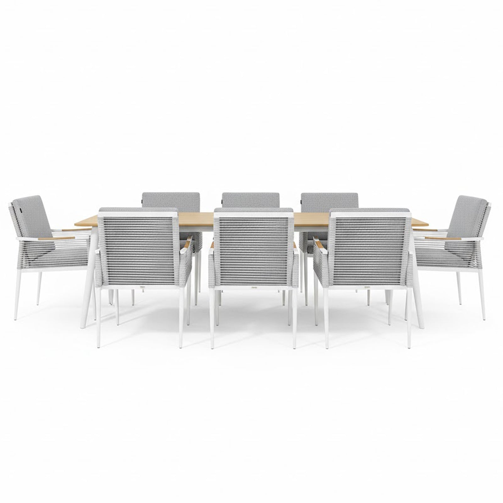 Casara 9 Piece Outdoor Dining Set in White and Grey: Light-wood table with slatted top, eight armchairs featuring white metal frames, gray woven sides, and cushioned seats, designed for alfresco dining.