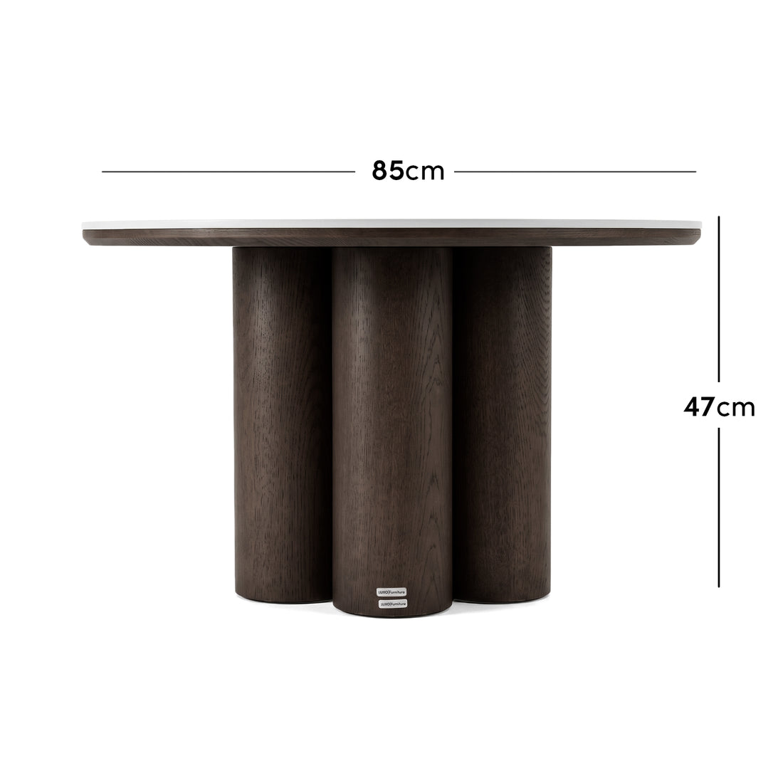 Dark wood round table with measurements shown as 85 cm wide and 47 cm high