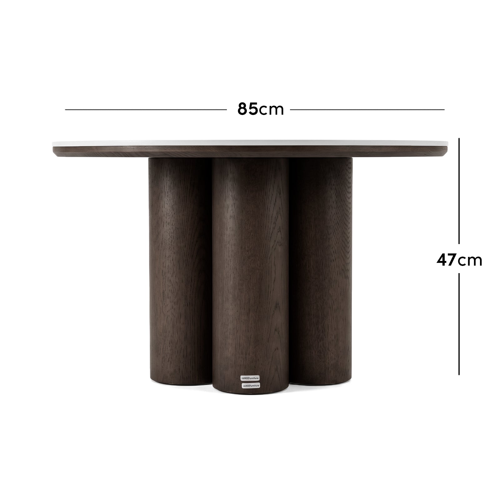 Dark wood round table with measurements shown as 85 cm wide and 47 cm high