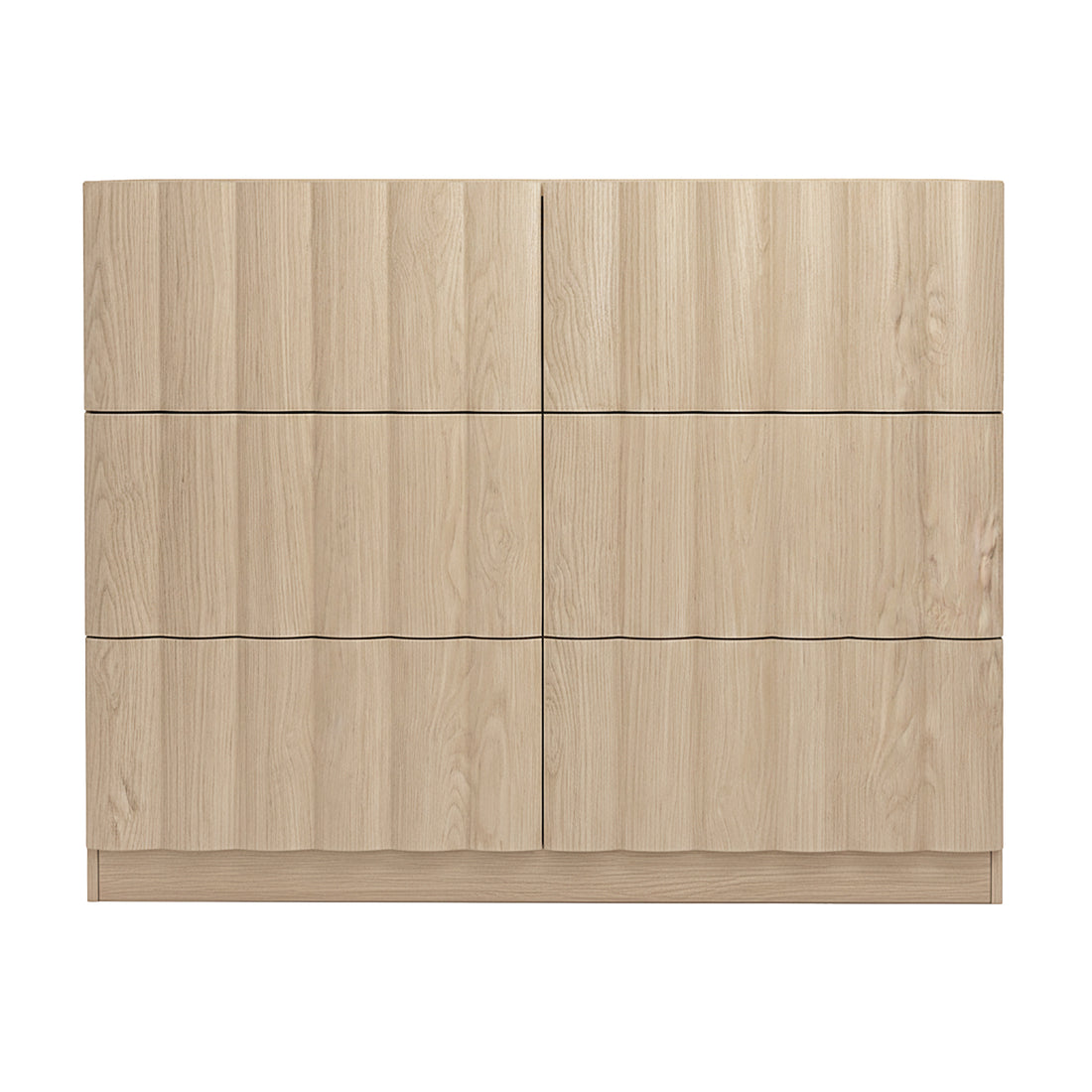 Front view of a light wood six-drawer dresser on white background