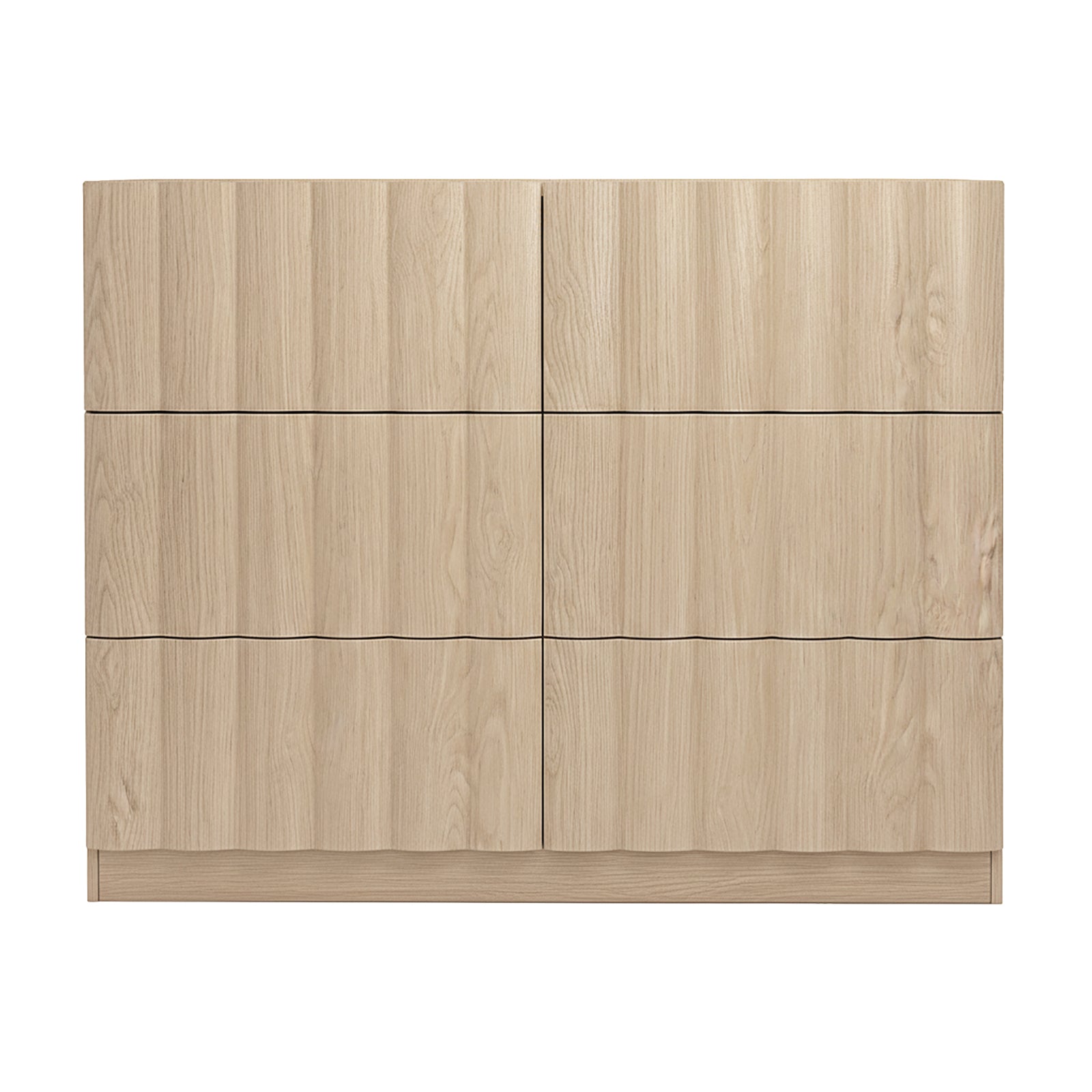 Front view of a light wood six-drawer dresser on white background