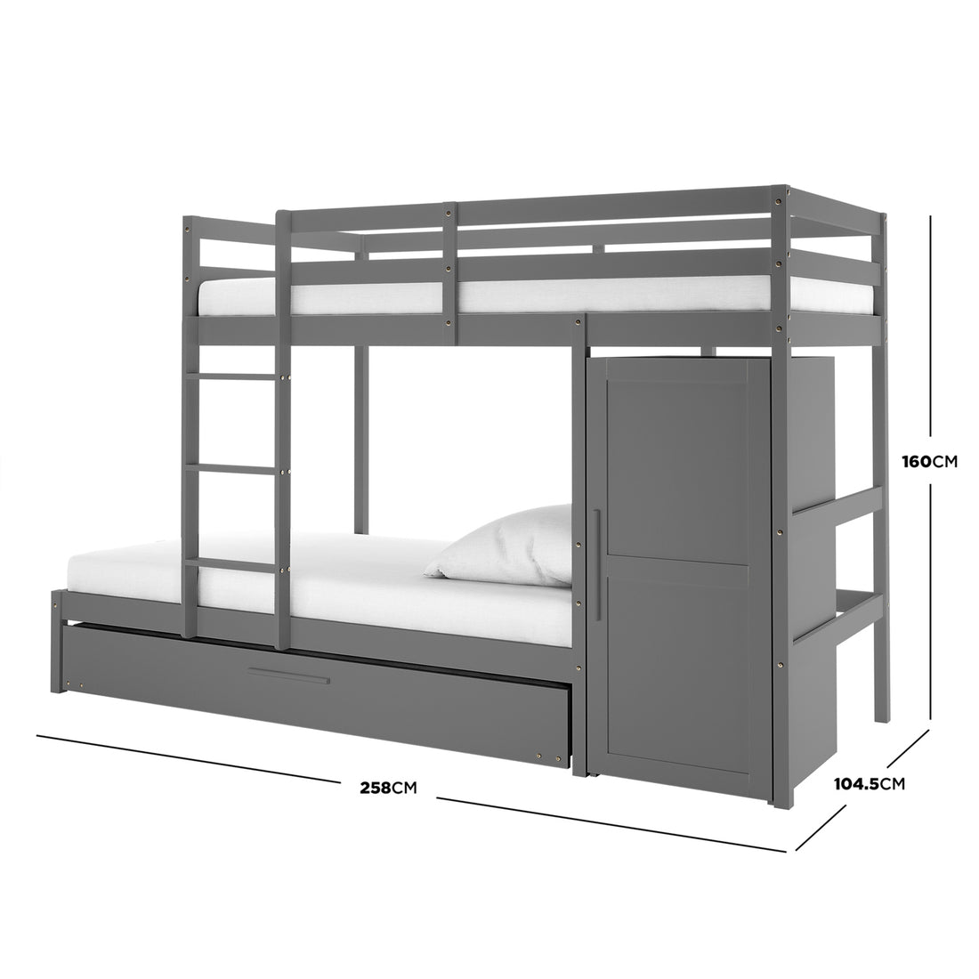 Aron Single Storage Bunk Bed with Trundle in Grey featuring a two-tier design, safety rails, integrated ladder, built-in wardrobe, and pull-out drawer beneath the lower bunk, maximizing space and functionality.