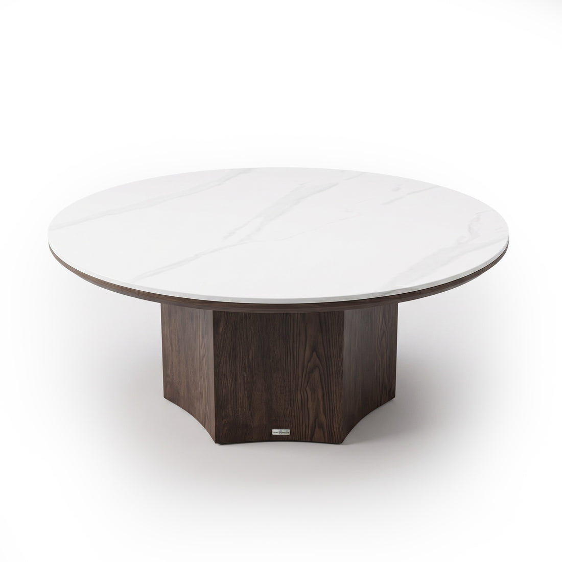 Round table with white marble-like top and dark wooden pedestal base on a white background.