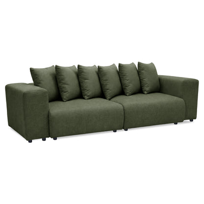 Three-seater olive green sofa with six scatter-back cushions on white background