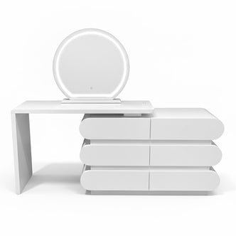 Alora LED Mirror Makeup Vanity Table with Storage in White, featuring a sleek tabletop, circular LED mirror, and three-tier drawer setup. Ideal for organized, illuminated beauty routines.