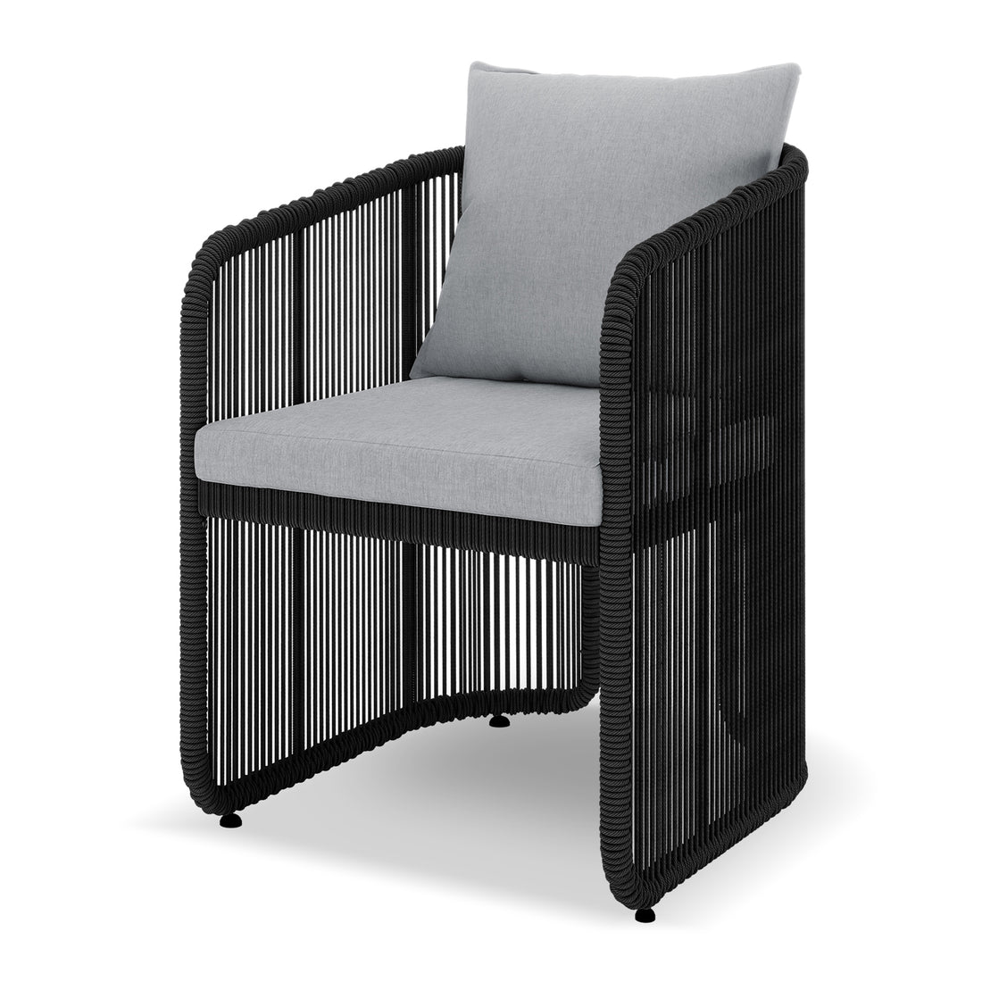 Vellora 4 Seater Wicker Outdoor Dining Set in Black features a modern armchair with a black rope-wrapped frame and light gray cushions, ideal for stylish outdoor seating.