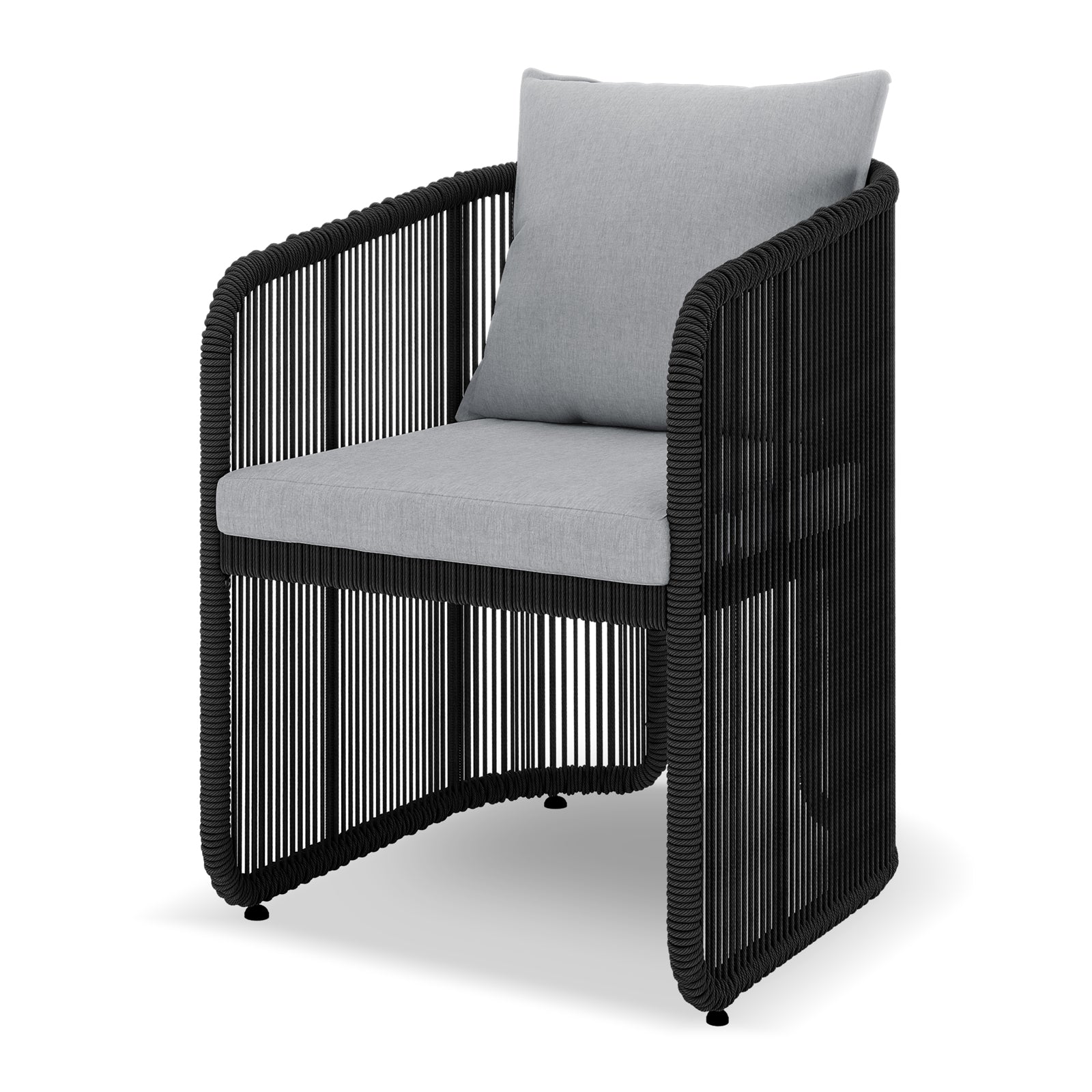 Vellora 4 Seater Wicker Outdoor Dining Set in Black features a modern armchair with a black rope-wrapped frame and light gray cushions, ideal for stylish outdoor seating.