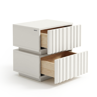 White two-drawer nightstand with open drawers on a white background.