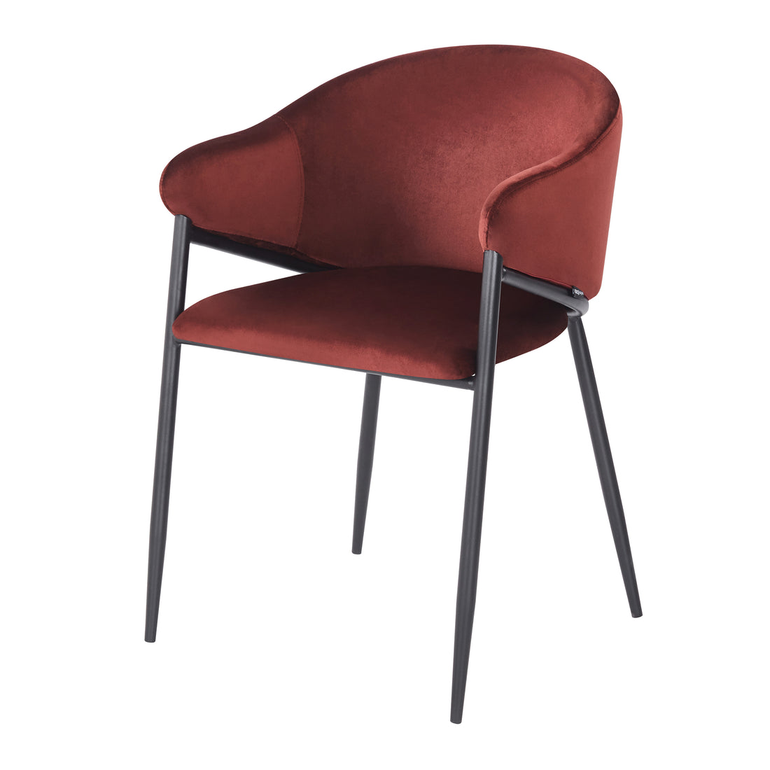 Angled front view of burgundy velvet chair on white background