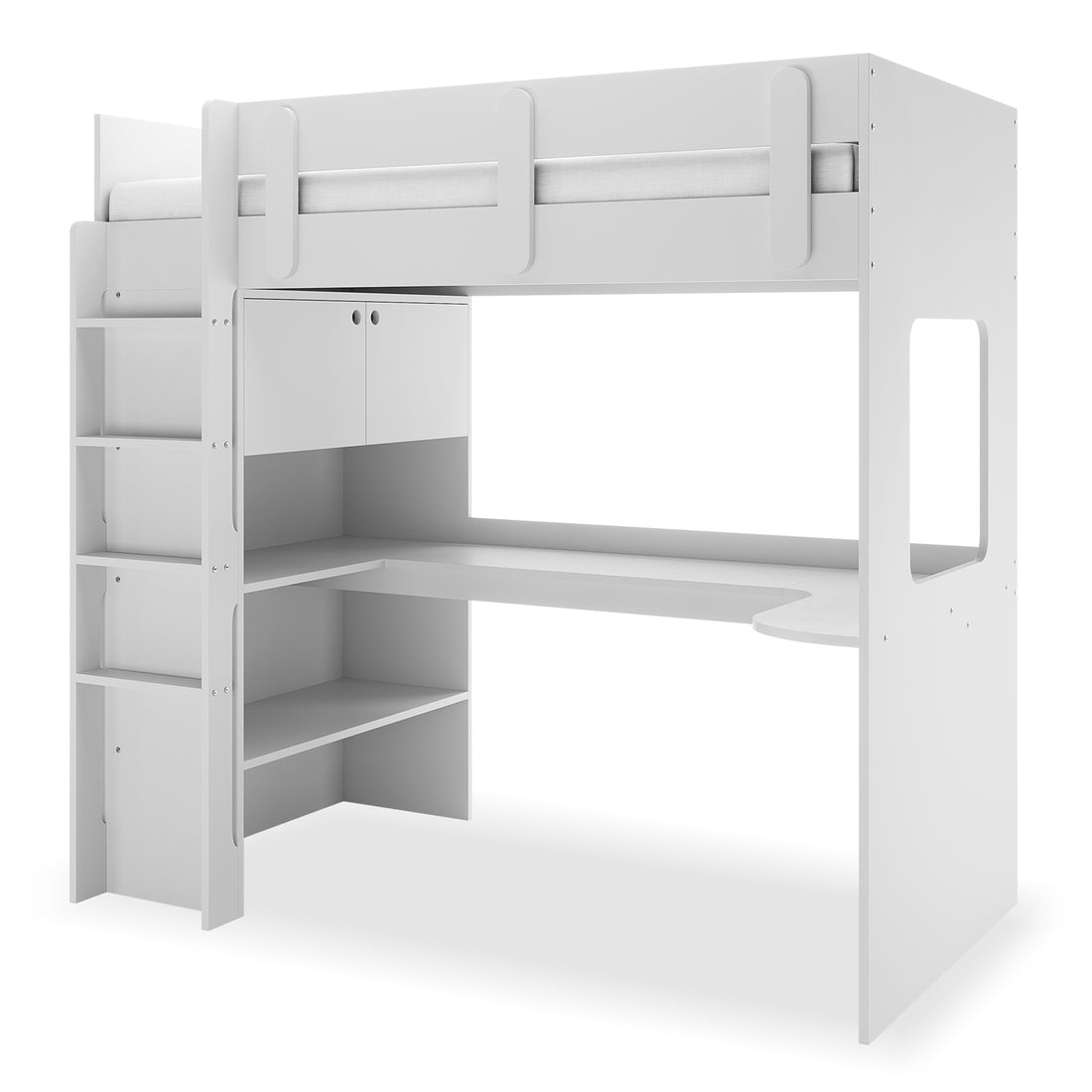 Hann Kids Single Loft Bed Desk Storage in White features a loft-style bed with guardrails, an L-shaped desk, overhead cabinets, open shelving, and a built-in ladder for compact, organized spaces.