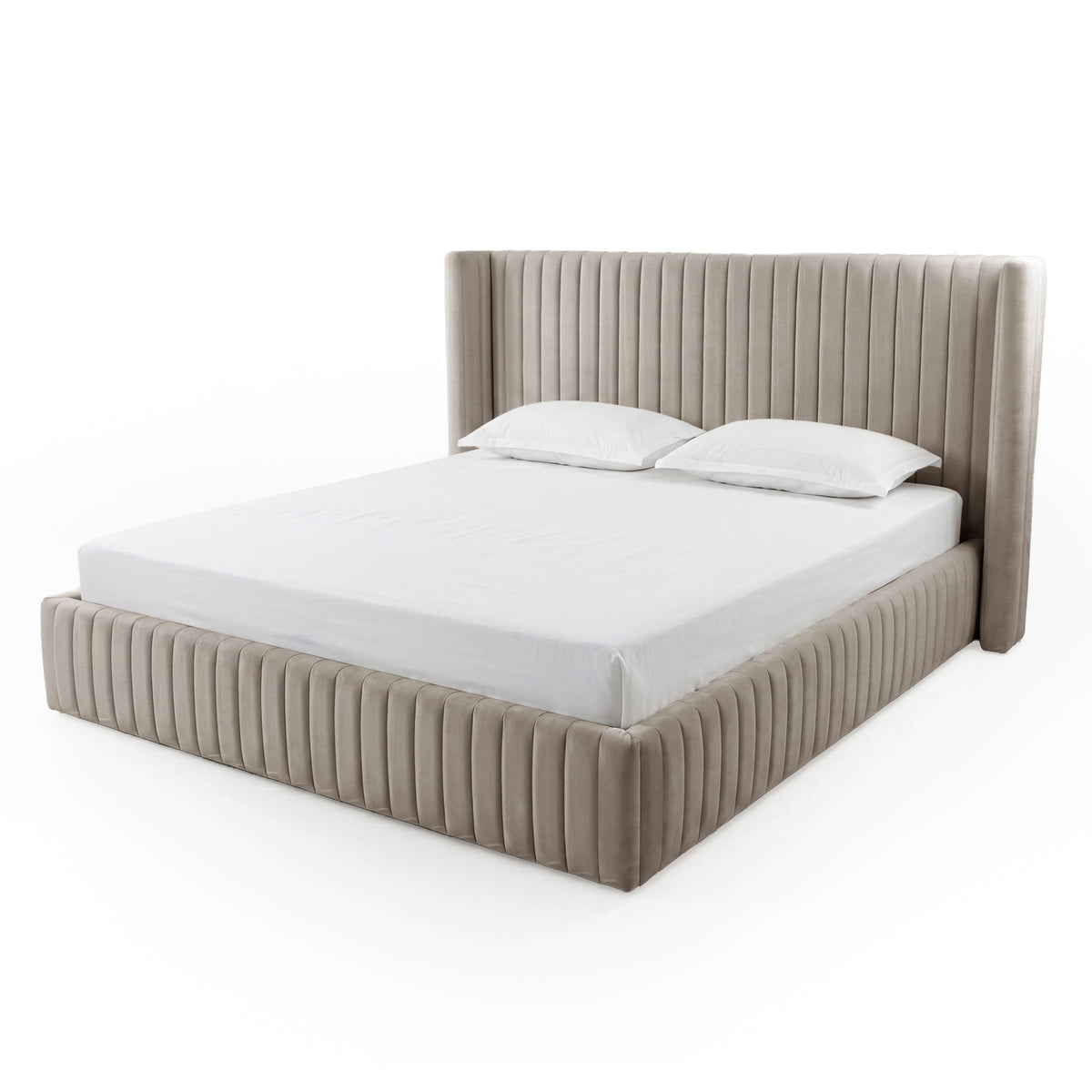 Taupe channel-tufted upholstered platform bed shown fully on a white background