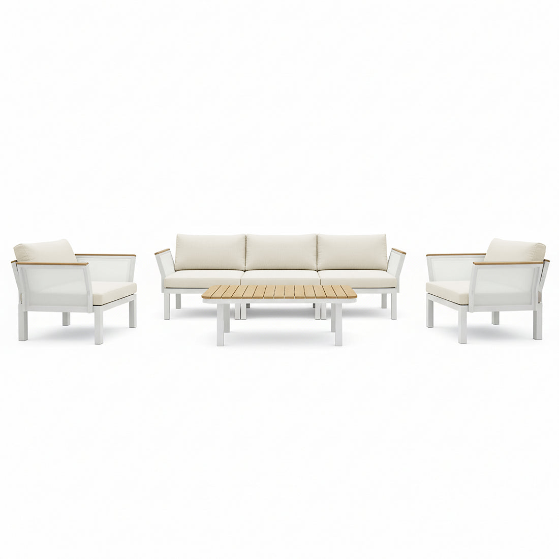 Sierra Outdoor Lounge Set in Beige: A modern outdoor ensemble featuring a white metal-framed three-seat sofa, two armchairs with light-beige cushions, and a low coffee table with a slatted wood top.