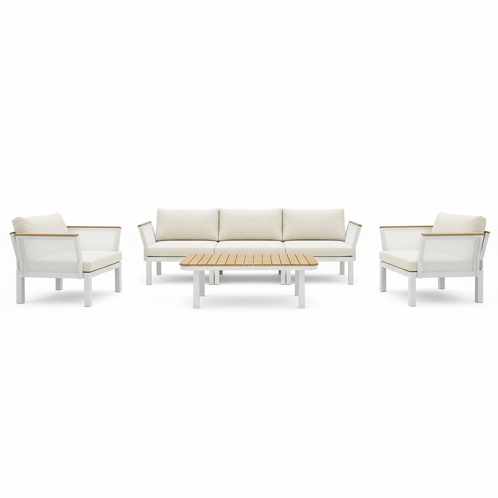 Sierra Outdoor Lounge Set in Beige: A modern outdoor ensemble featuring a white metal-framed three-seat sofa, two armchairs with light-beige cushions, and a low coffee table with a slatted wood top.