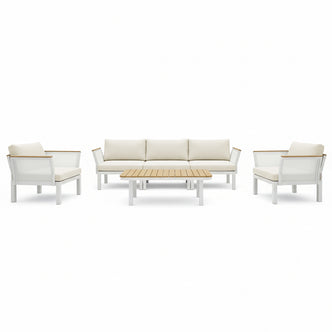 Sierra Outdoor Lounge Set in Beige: A modern outdoor ensemble featuring a white metal-framed three-seat sofa, two armchairs with light-beige cushions, and a low coffee table with a slatted wood top.