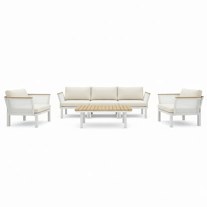 Sierra Outdoor Lounge Set in Beige: A modern outdoor ensemble featuring a white metal-framed three-seat sofa, two armchairs with light-beige cushions, and a low coffee table with a slatted wood top.